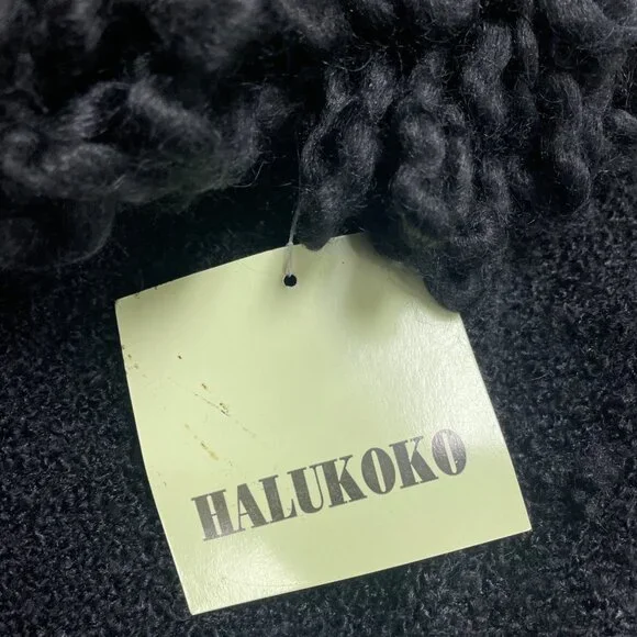 Halukoko Womens Black Ramie/Acrylic Long Coat With Textured Collar Size L - New - Picture 7 of 9